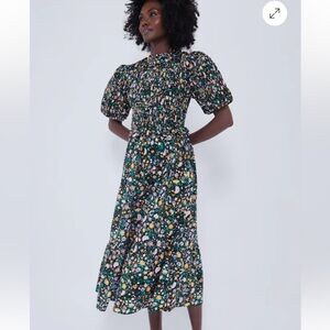 Black Multi Floral Smocked Samantha Midi Dress